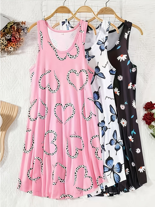 3pcs Plus-Size Pajama Dress - Nightgown & Sleepwear with Sleeveless Vest Dress, Loose-Fit All-Season Machine Washable Nightgown, & Outdoor Wear, 3pcs for Value (Plus Size Friendly)
