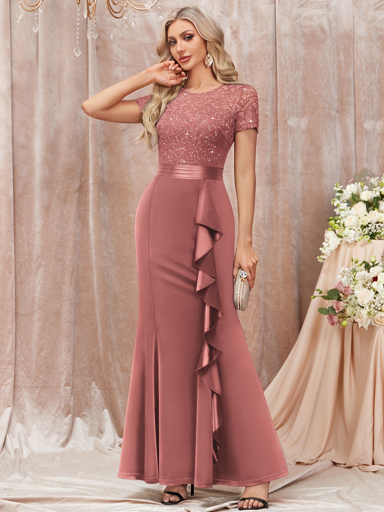 53272 Elegant Womens Sequin Lace Contrast Bridesmaid Maxi Dress, Scoop Neck Short Sleeves, Side Ruffle Detail, Satin Mermaid Hem, Perfect for Graduation Season, Wedding Season, Summer Wedding Guest, Evening Party, Summer Vacation Events And Formal