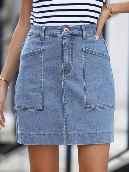 Women'S High-Waist Stretch Denim Mini Skirt - Versatile, Mid-Length Skirt with Large Pockets, Casual Elegant Style, Perfect for Summer, Jeans Skir