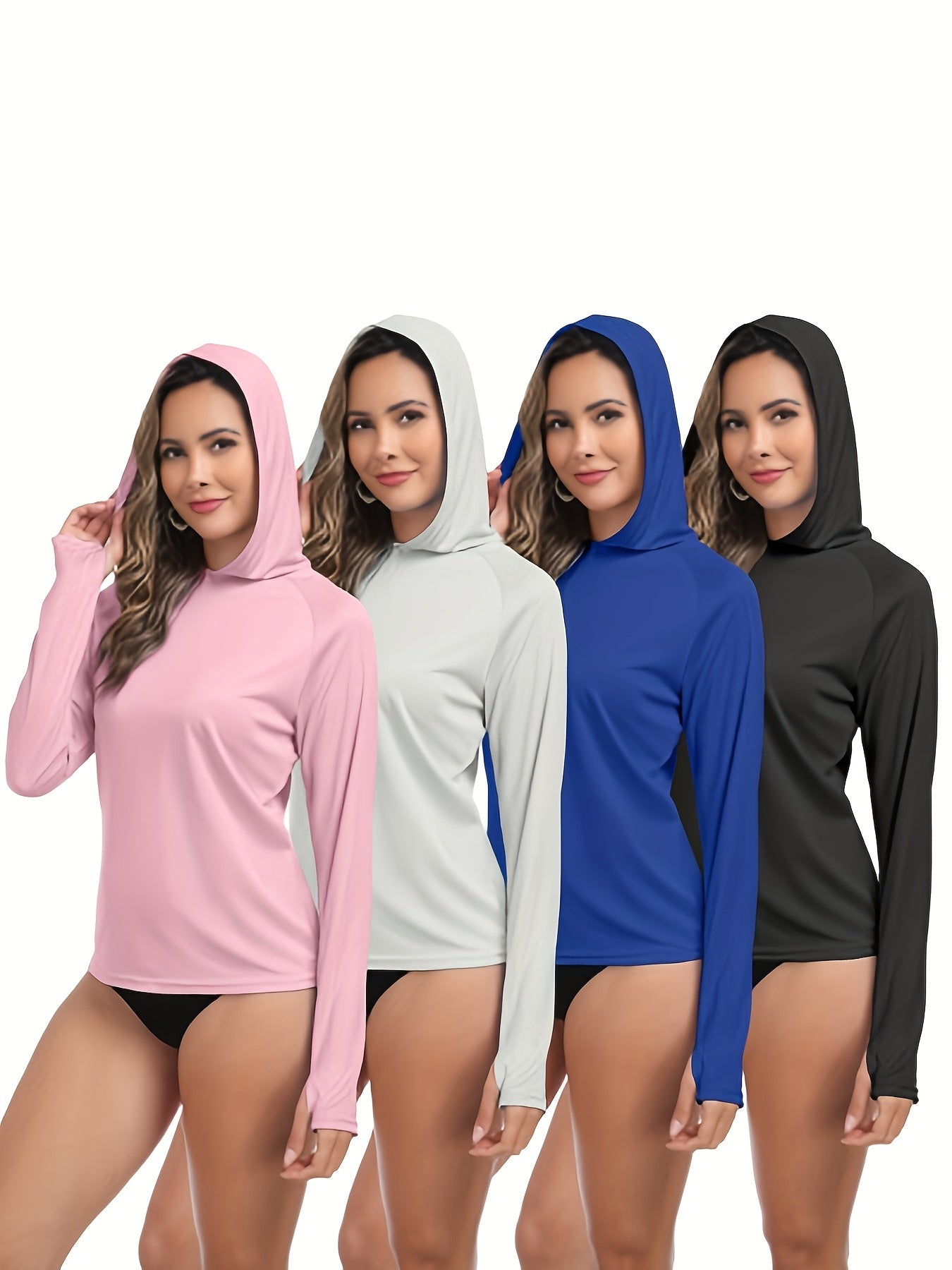 4pcs Set Women'S Hooded Shirt, Lightweight Quick-dry Hooded Shirt Women'S Casual Long-sleeved T-shirt Solid Color Multi-piece Set, Suitable For Sports Such As Fishing, Outdoor Activities, And Fitness