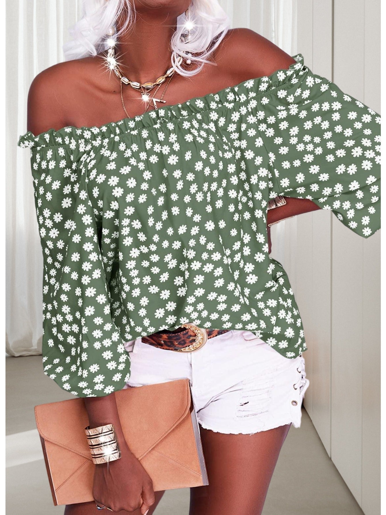 Womens Summer Off Shoulder Blouse Floral Print 3/4 Sleeve Casual Chiffon Tops Shirts