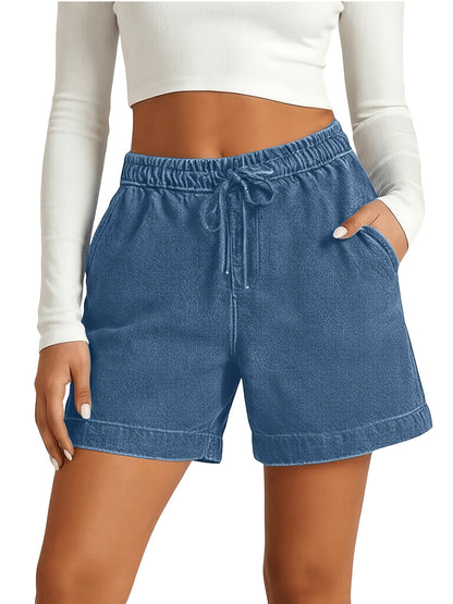 Loose And Stylish Casual Shorts, Solid Color with Elastic Waist, Five-pocket Jeans Shorts