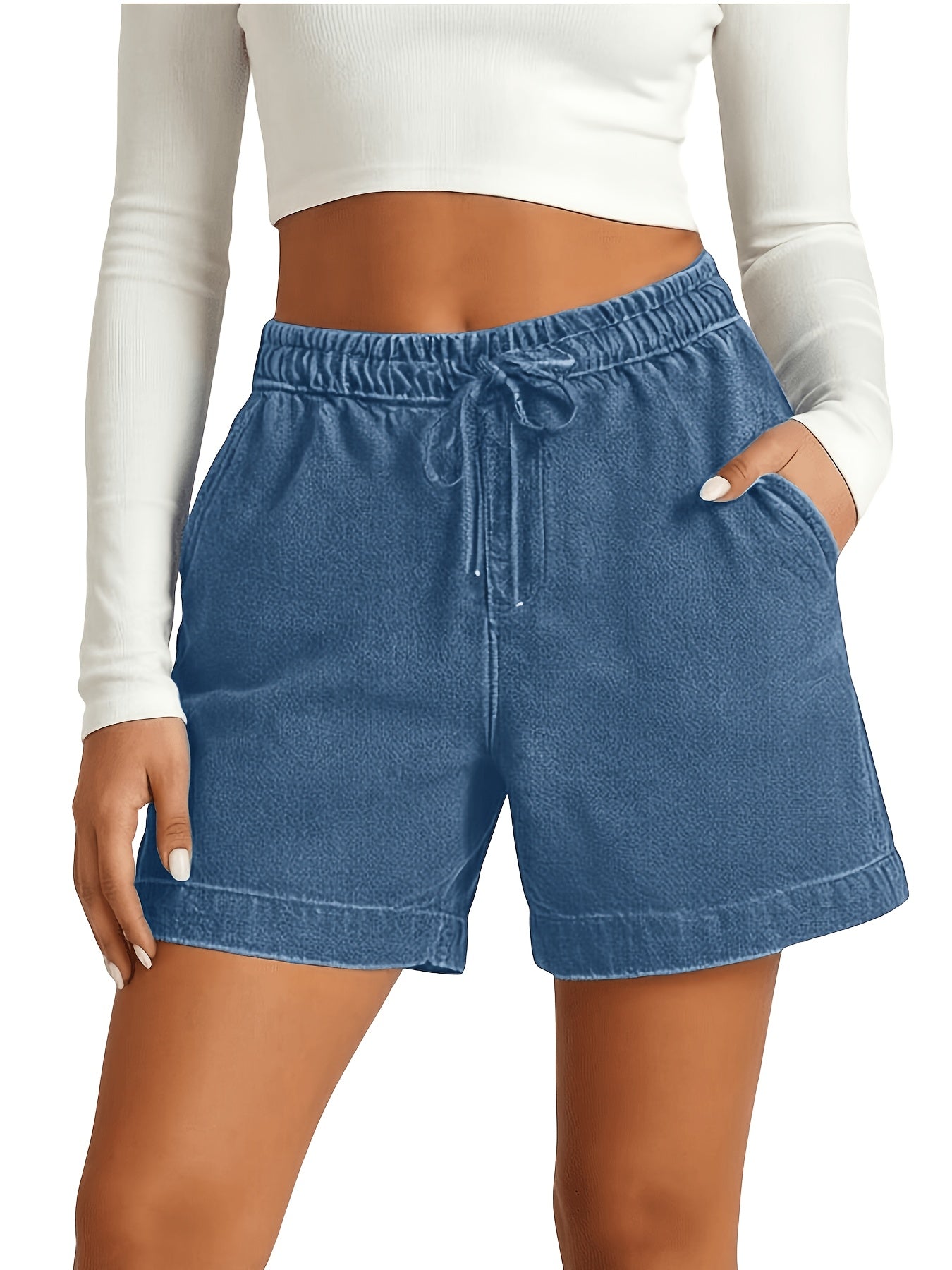 Loose And Stylish Casual Shorts, Solid Color with Elastic Waist, Five-pocket Jeans Shorts