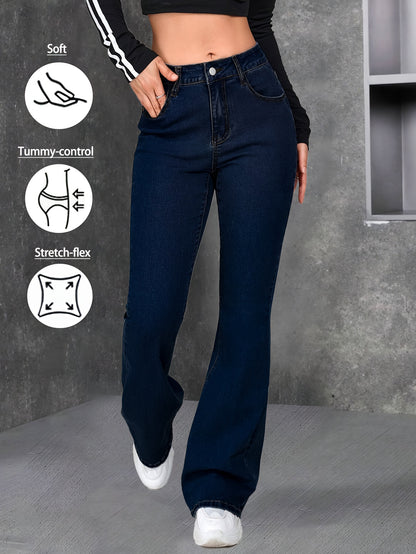 Women Blue Flared Jeans High Rise Stretch Denim Pants Soft Comfortable Fit Slim Silhouette Fashion Forward Trendy Modern Style Versatile Casual Attire Chic Look Durable Quality Easy Matching Figure Flattering Essential Casual Denim Bottoms