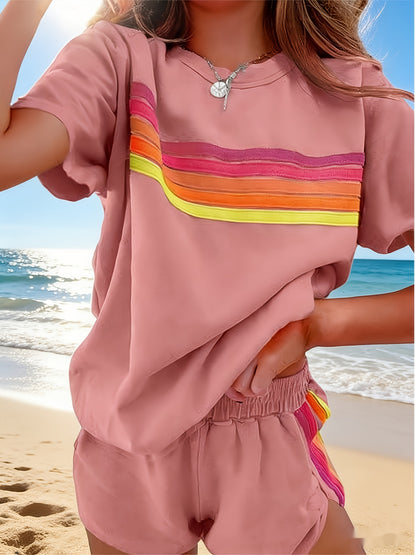 2pcs Set Elevate Your Style with Our Chic Color-Block Shorts Set in White, Blue, Pink, Or Light Brown