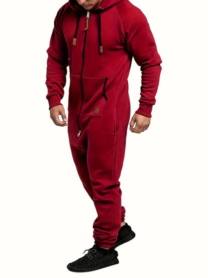 A Men's Hooded Fleece-lined Jumpsuit, Long Sleeve, Full Zip Jumpsuit with Kangaroo Pocket, Suitable for Spring Travel And Seaside Trips