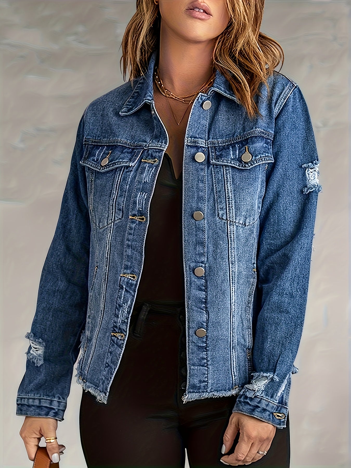 Women's Ripped Washed Button-Up Denim Jacket Coat with Pockets, Casual Classic Distressed Denim Outerwear TZ001