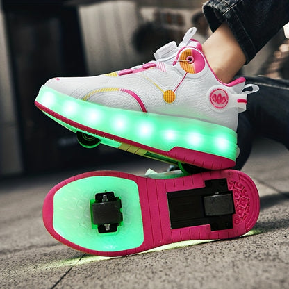 Girls' LED Roller Skates, All-season Low-top Sneakers with Swivel Buckles, TPR Sole, Textile Lining And Insole, Pink And White Design, Youth Skate Shoes, Sporty Design, Sneakers, Kid's Roller Skates, Out Doos Sprot Shoes, Gift for Kid