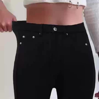 Women'S Plus Size High-Waisted Stretch Skinny Jeans - Elegant Dark Wash Black Tapered Leg with Beltless Design & Zipper Closure, for All-Season Casual to Formal Pants for Everyday & Formal Wear