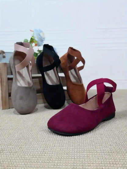 New Spring And Autumn Women'S Velvet Shallow Mouth Elastic Round Head Flat Matching Shoes, Suitable For Work, Leisure, Vacation And Home Use