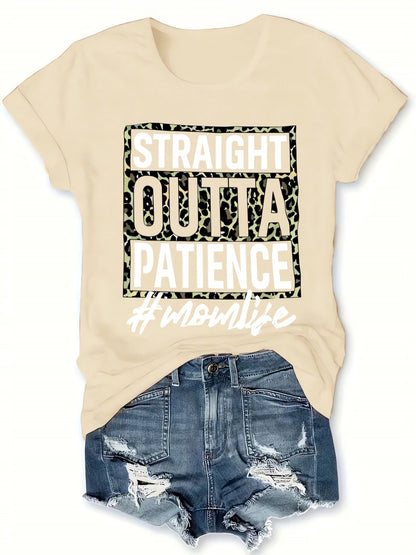 Women'S Casual T-Shirt, Printed with "Patience is Worn Out" Letter Pattern, Short Sleeve Round Neck Design, Suitable for All Seasons, Fabric, Fiber, - Fashionable and Comfortable Clothing
