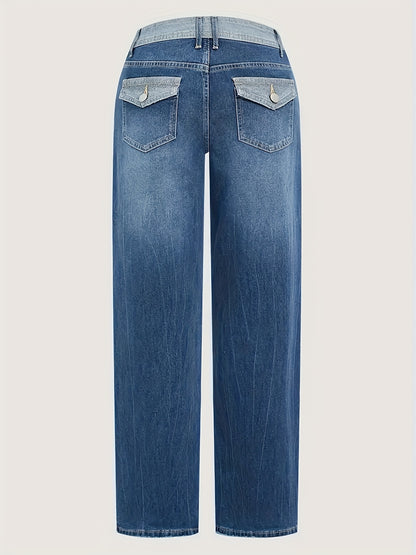 HME Women'S Vintage Relaxed Jeans, Designed with a Fit And Five-Pocket Style. Crafted from Durable Washed Denim, Highlighting a Waistband Patchwork Feature. The Material Is Flexible, Cozy, And Airy