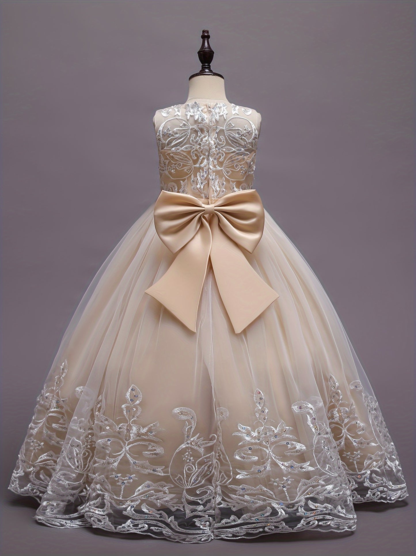 Flower Girl Lace Dress for Kids Wedding Bridesmaid Pageant Party Formal Long Gown Princess Communion Tulle Bow Dresses