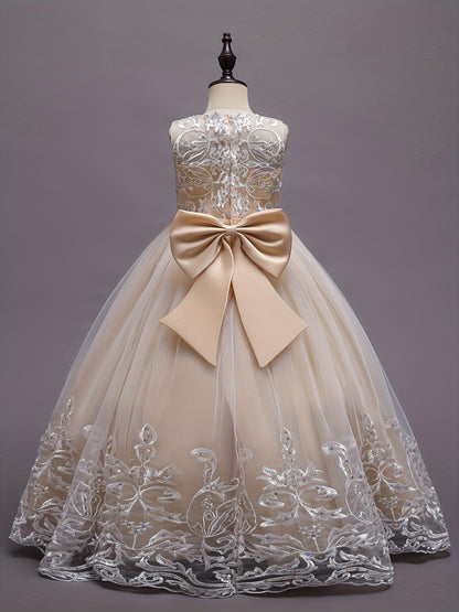 Flower Girl Lace Dress for Kids Wedding Bridesmaid Pageant Party Formal Long Gown Princess Communion Tulle Bow Dresses