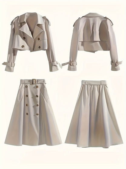2026 New Arrivals In Elegant Style: Stylish Set Of Short Windbreaker Coat + High-waist Double-breasted Skirt, Perfect for Office Commuting, Game Day Outfit, Football Fan Gear for All Fans