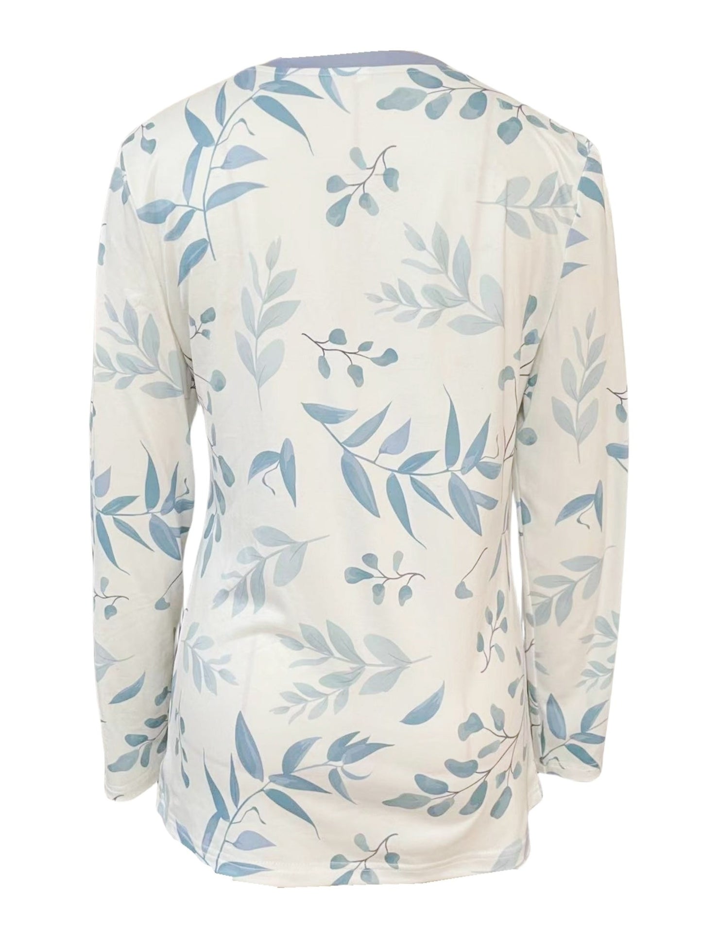 Spring And Autumn New Style Buttoned Leaf Print Casual Long-sleeved T-shirt