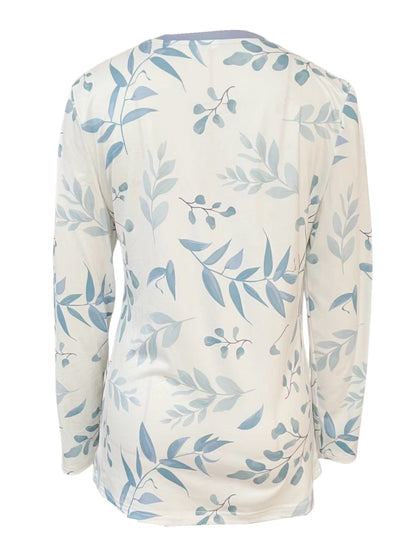 Spring And Autumn New Style Buttoned Leaf Print Casual Long-sleeved T-shirt