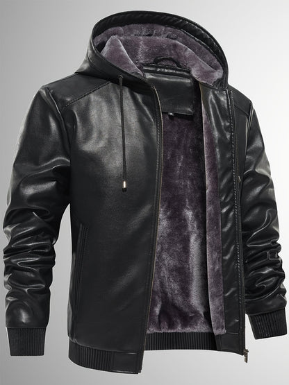 Men's Sherpa Lined PU Leather Jacket Warm Winter Hooded Motorcycle Jacket High Quality And Windproof Leather Biker Jacket Drawstring