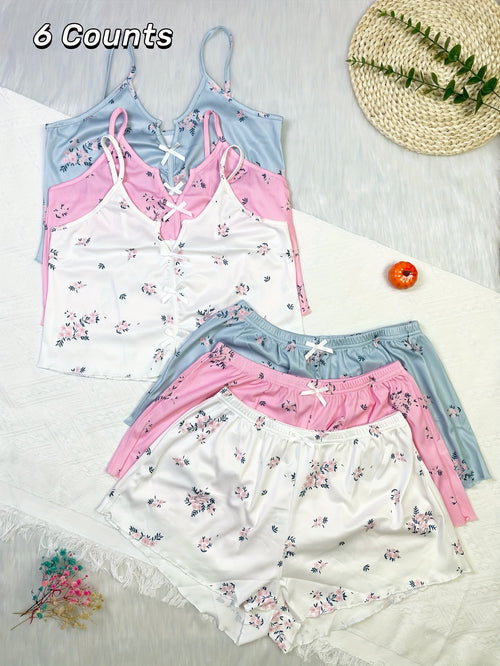 6pcs Floral Print Women's Pajama Set: 3 V-Neck Backless Crop Camisoles And 3 Bow-Accented Shorts, Soft, Comfortable & Breathable, Cool Summer Loungewear for Women's Daily Casual At-Home Wear