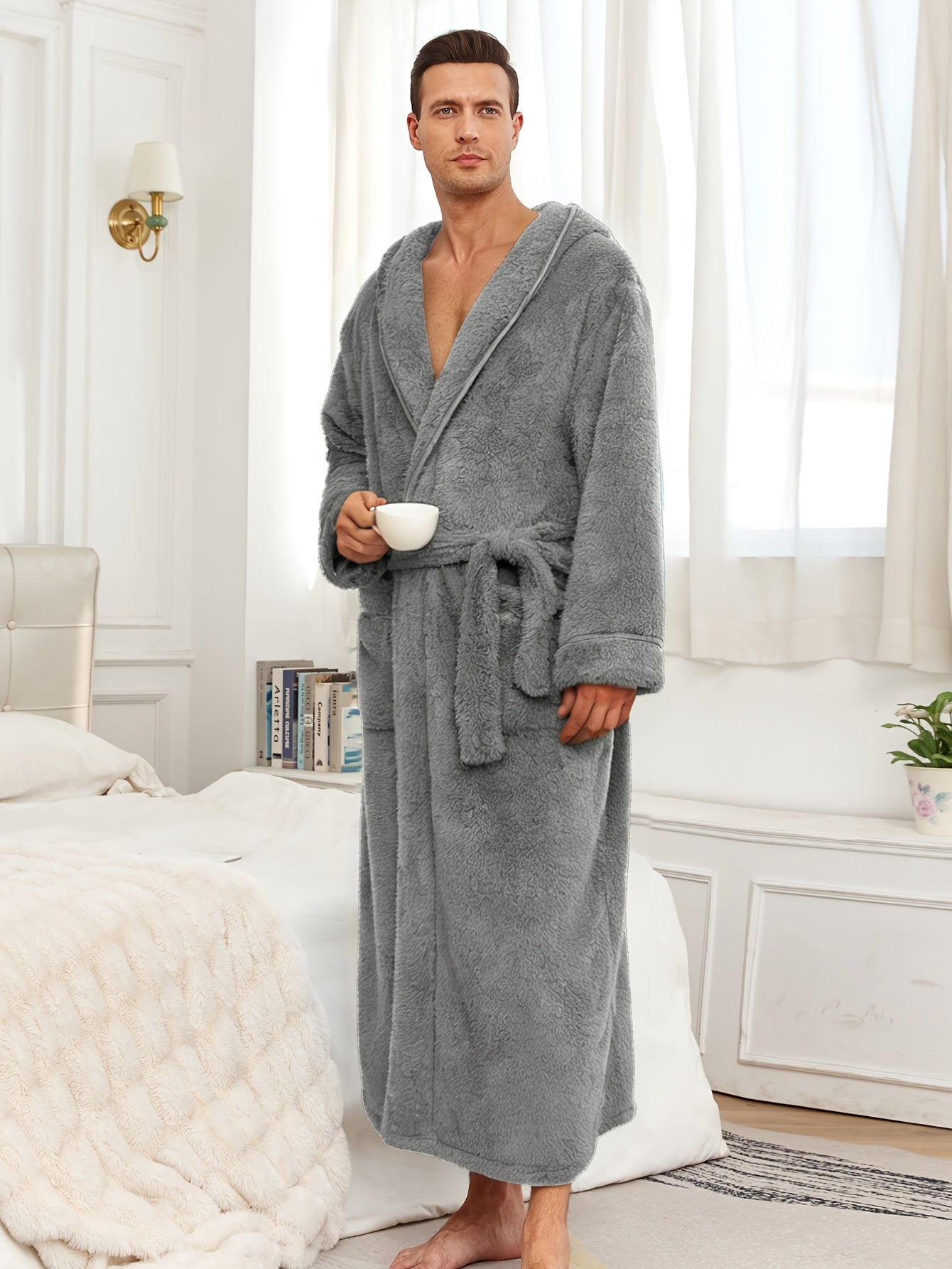 Men'S Thickened Flannel Hooded Bathrobe - Soft Plush Long Sleeve Robe with Pockets, Warm & Breathable Winterrobe for Home, Spa