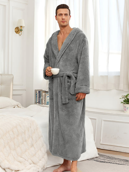 Men'S Thickened Flannel Hooded Bathrobe - Soft Plush Long Sleeve Robe with Pockets, Warm & Breathable Winterrobe for Home, Spa