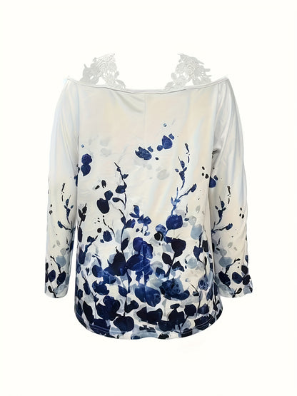 Spring And Autumn New Casual Plant Print Lace T-shirt Off-shoulder Long-sleeved Top