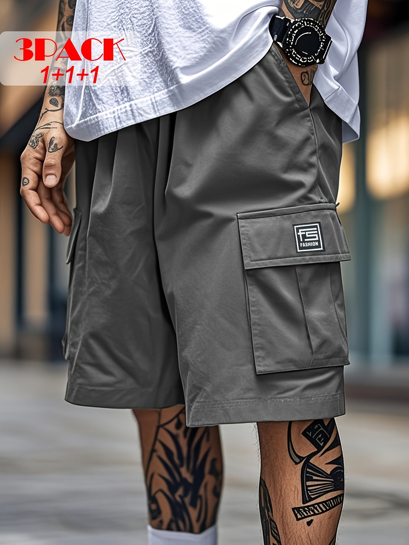 Men's Khaki+Gray+Black Polyester Shorts - product view 6