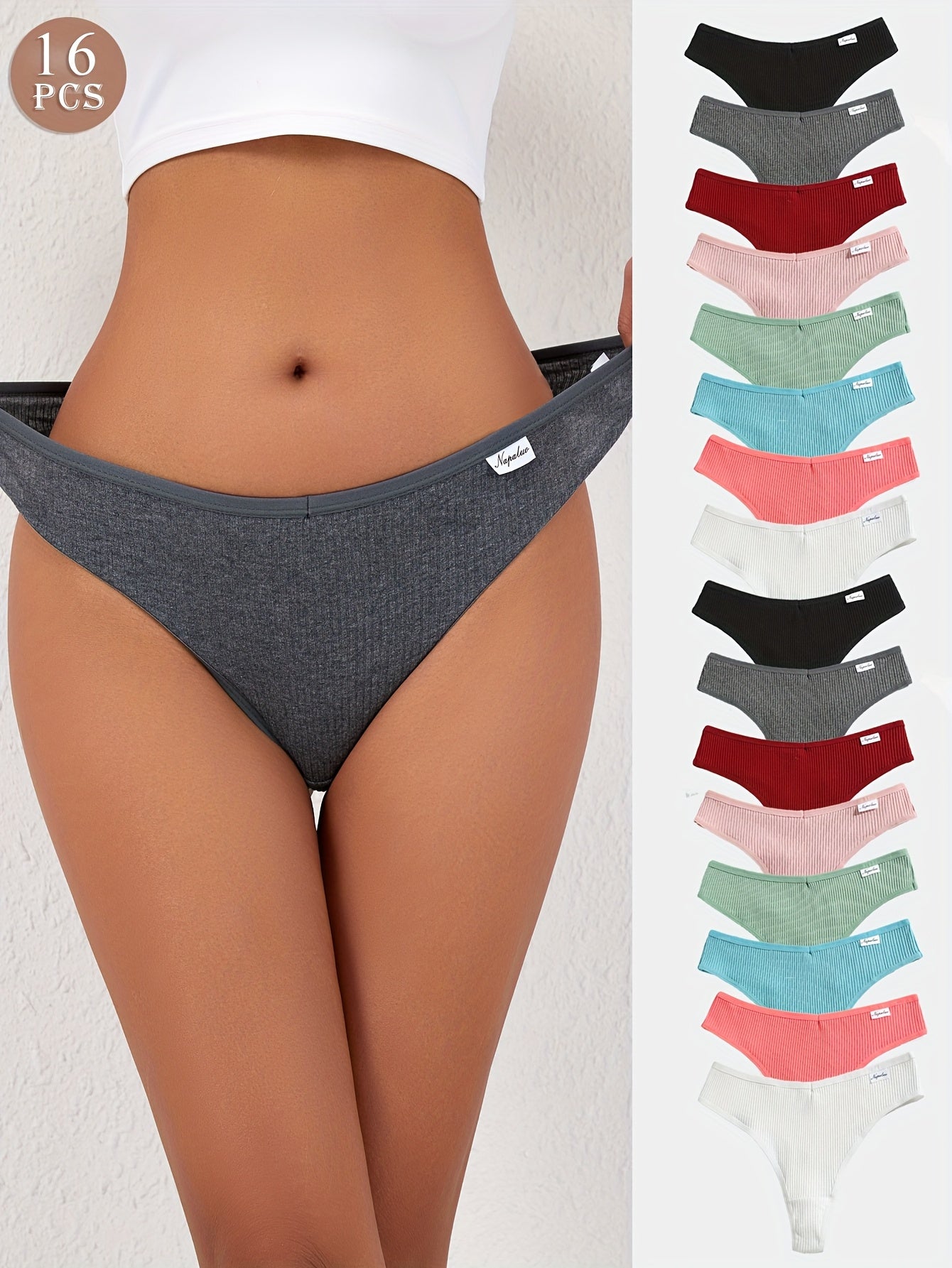 16pcs Set of Women'S Thongs Made from Soft, Breathable in Solid Colors