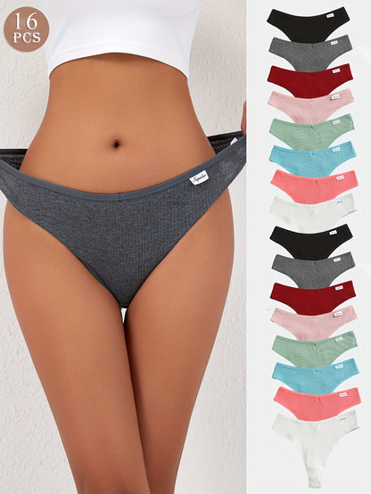 16pcs Set of Women'S Thongs Made from Soft, Breathable in Solid Colors