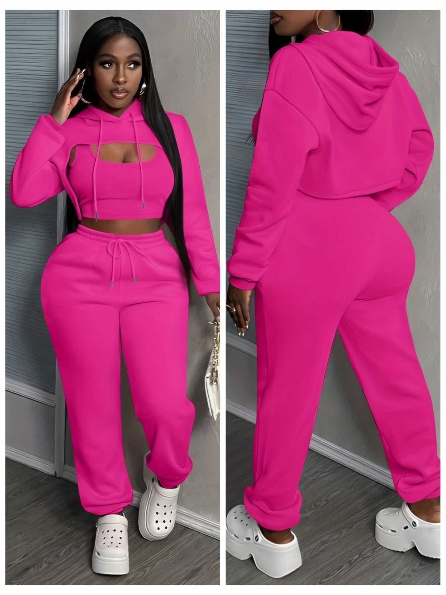 Women'S 3pcs Sweatsuits Sets Sexy Super Cropped Hoodie Tank Top And High Waisted Jogger Sweatpants Matching Loungewear Athleisure Outfits