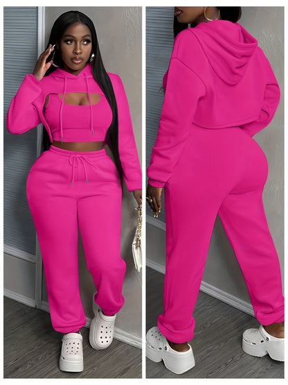 Women'S 3pcs Sweatsuits Sets Sexy Super Cropped Hoodie Tank Top And High Waisted Jogger Sweatpants Matching Loungewear Athleisure Outfits