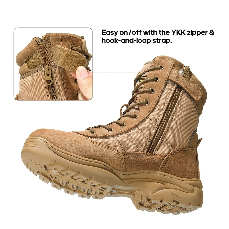 Men'S Hiking Boots Side Zipper Leather Motorcycle 9 Inch Tactical Combat Boots Non-Slip Lightweight Comfortable Breathable For Outdoor Terrain