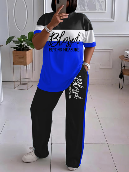 Plus Size, Ladies' Casual Short-sleeved Trousers Suit, Striped Print Letter Blessing, Loose Trousers with Pockets
