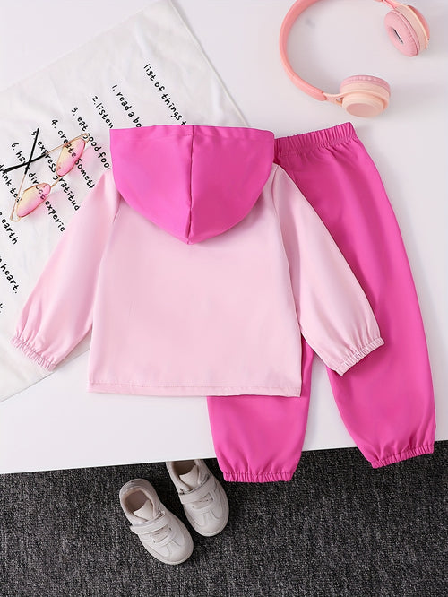 2pcs Girls' Rose Pink and Pink Zipper Hoodie Top with Rose Pink Long Pants Casual Set, Perfect for Outdoor