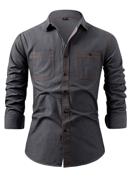 A Stylish Men's Casual Shirt With Long Sleeves And A Jacket, A New Spring And Autumn Men's Top With A Solid Color Pocket Design And A Lapel Collar.