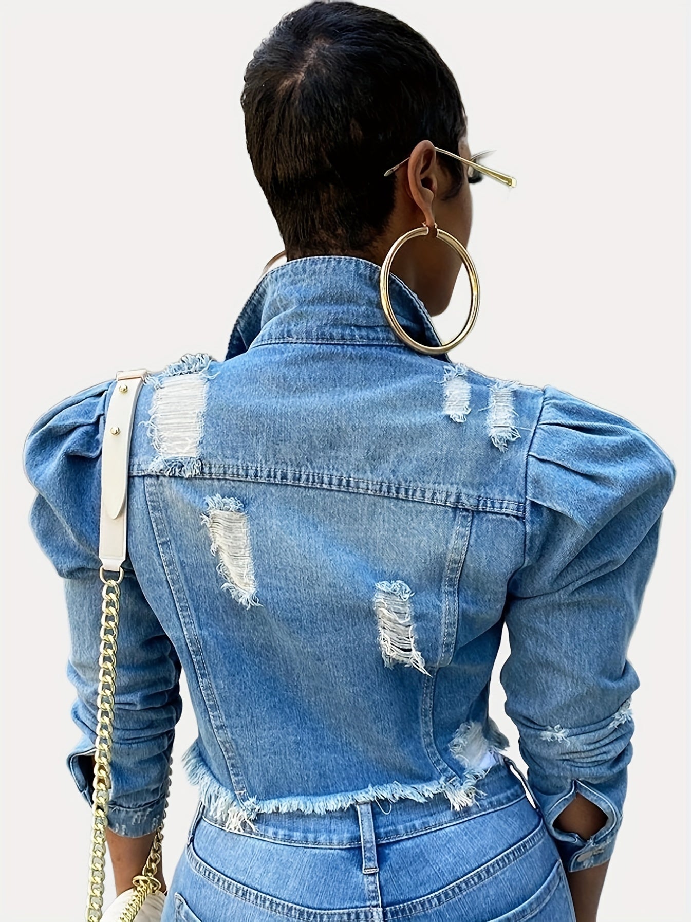 Women's Ripped Denim Jacket Casual Long Puff Sleeve Button Cropped Jean Coats for Women