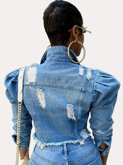Women's Ripped Denim Jacket Casual Long Puff Sleeve Button Cropped Jean Coats for Women