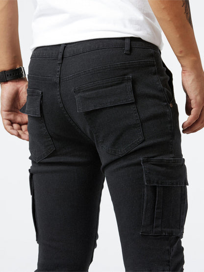 Slim Fit Multi Pocket Jeans, Men's Casual Street Style High Stretch Denim Pants for All Seasons Outdoor