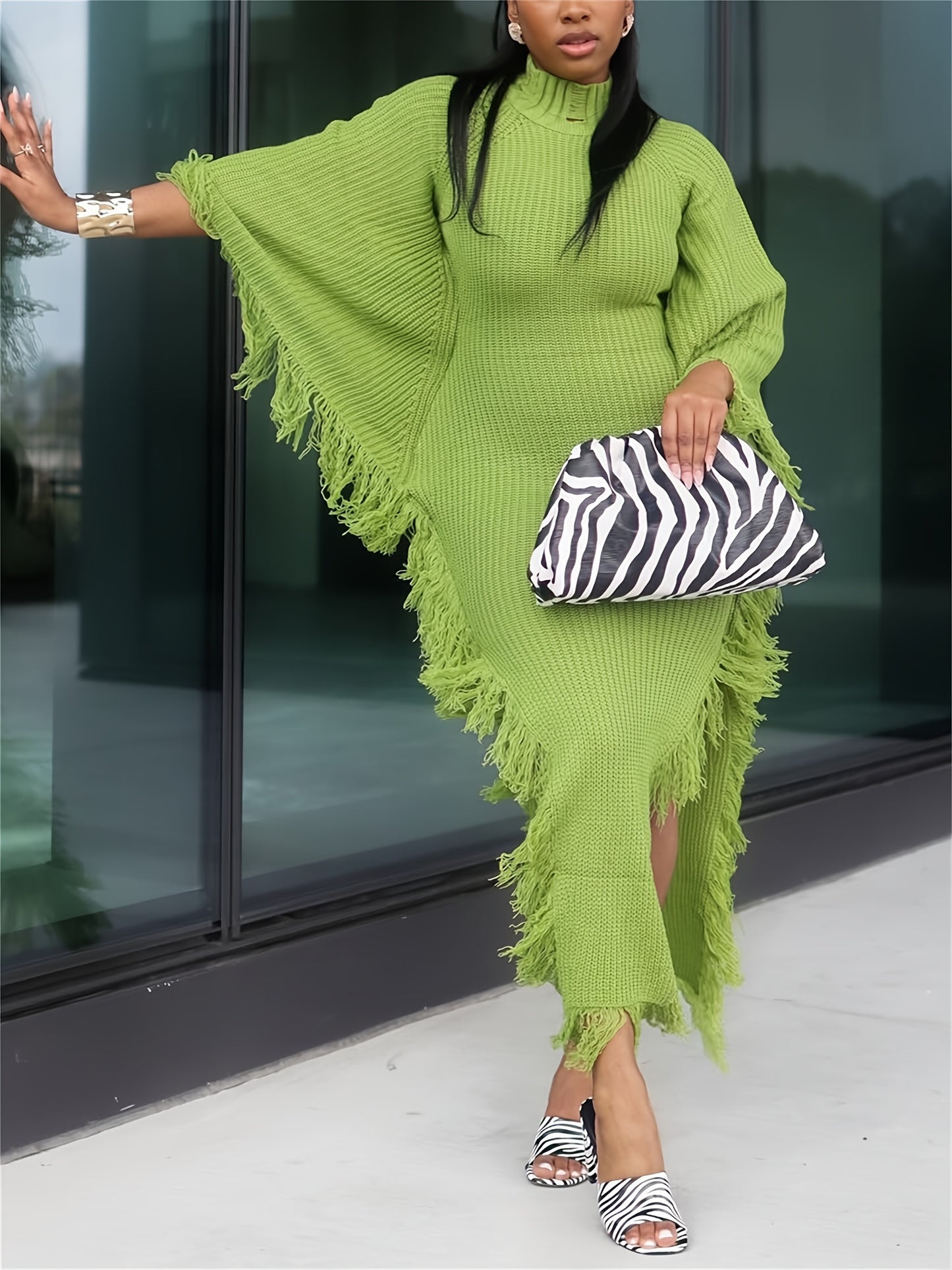 Gifts for Her, Fringe Trim Sweater Dress for Women, Batwing Long Sleeve High Neck Maxi Dress with Asymmetrical Hem, Sexy And Chic Style, for Fall Winter