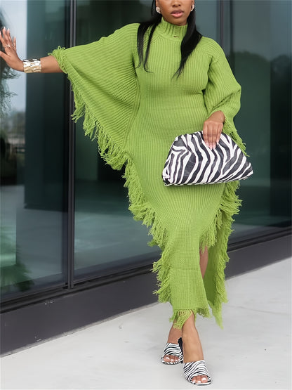 Gifts for Her, Fringe Trim Sweater Dress for Women, Batwing Long Sleeve High Neck Maxi Dress with Asymmetrical Hem, Sexy And Chic Style, for Fall Winter