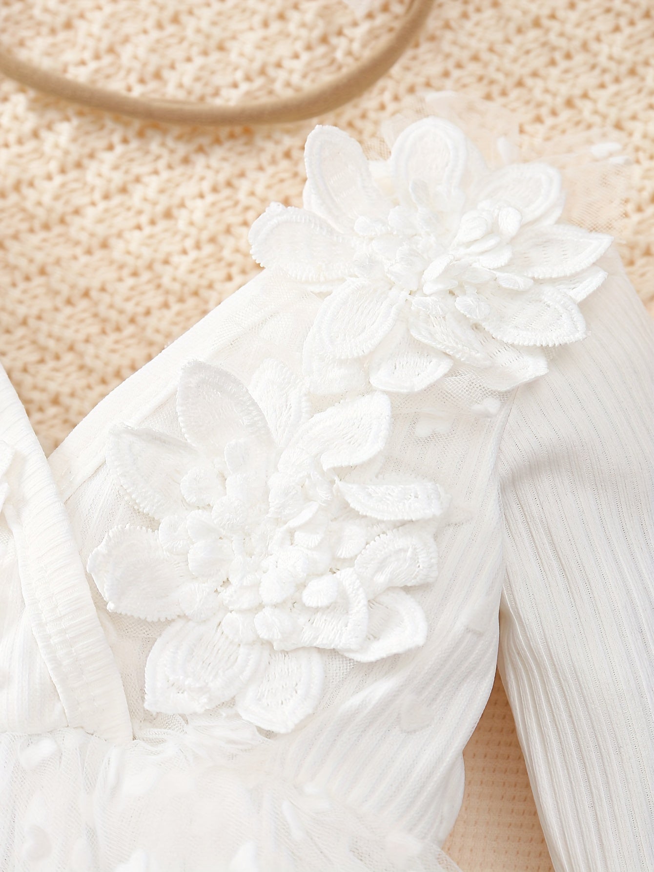 2pcs Set for Baby Girls Featuring a Bodysuit with 3D Embroidered Flowers, a Heart-Shaped Tulle Skirt, Long Sleeves, a V-Neck, And a Matching Bow Headband, Perfect for Newborn Baptism And Royal-Style Dresses for Princesses, for Outdoor