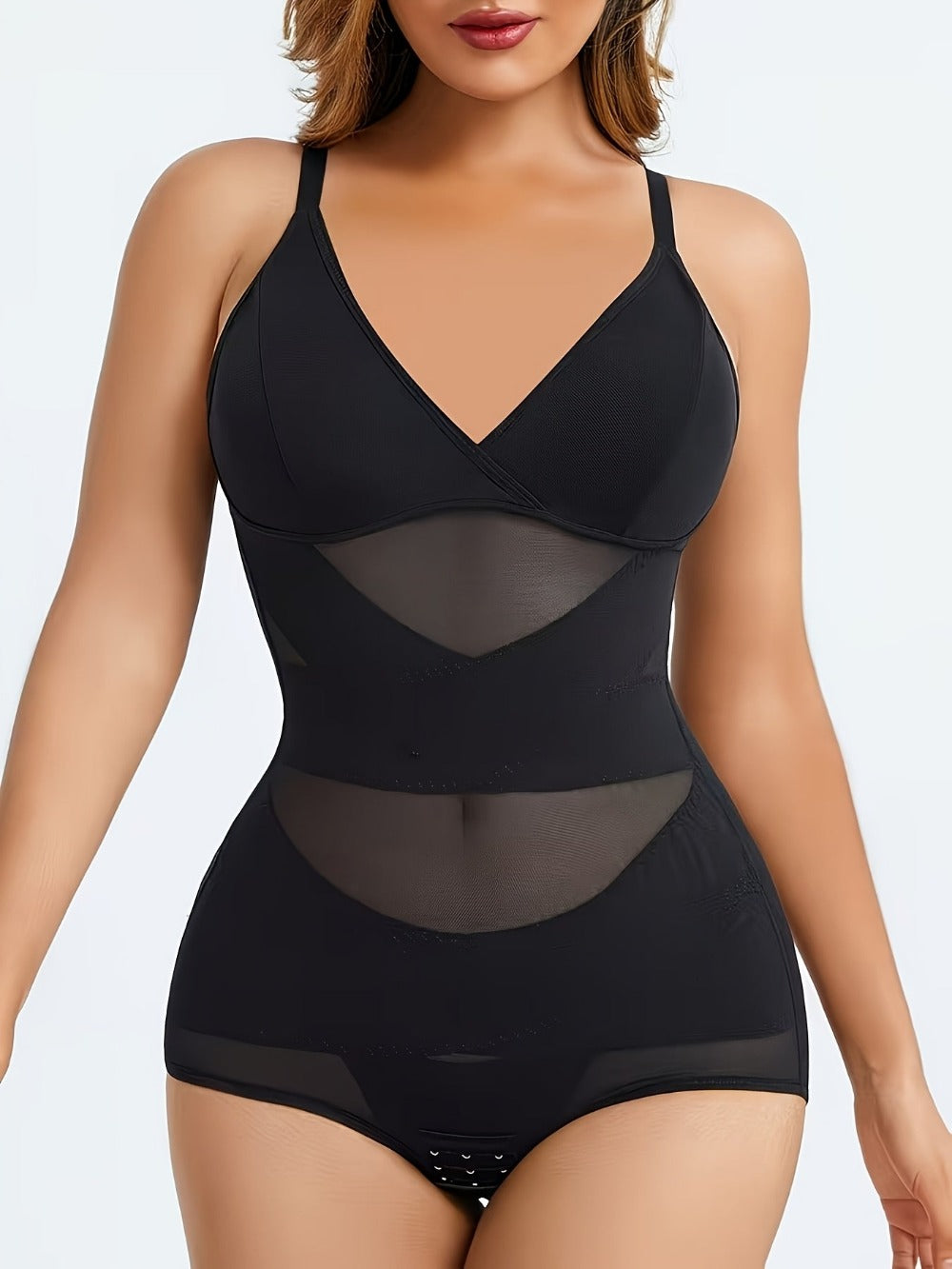 Women's Deep V Shapewear Bodysuit - Mesh Full Body Shaper with Pads