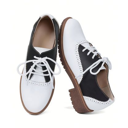 [Pointed Toe Brogue Pumps] Women's Pointed Toe Lace-Up Brogue Pumps Fashionable Mixed Colors Patchwork Block Chunky Heel Non-Slip British Style Flat Oxford Elegant Daily Business Casual Shoes, Women Shoes