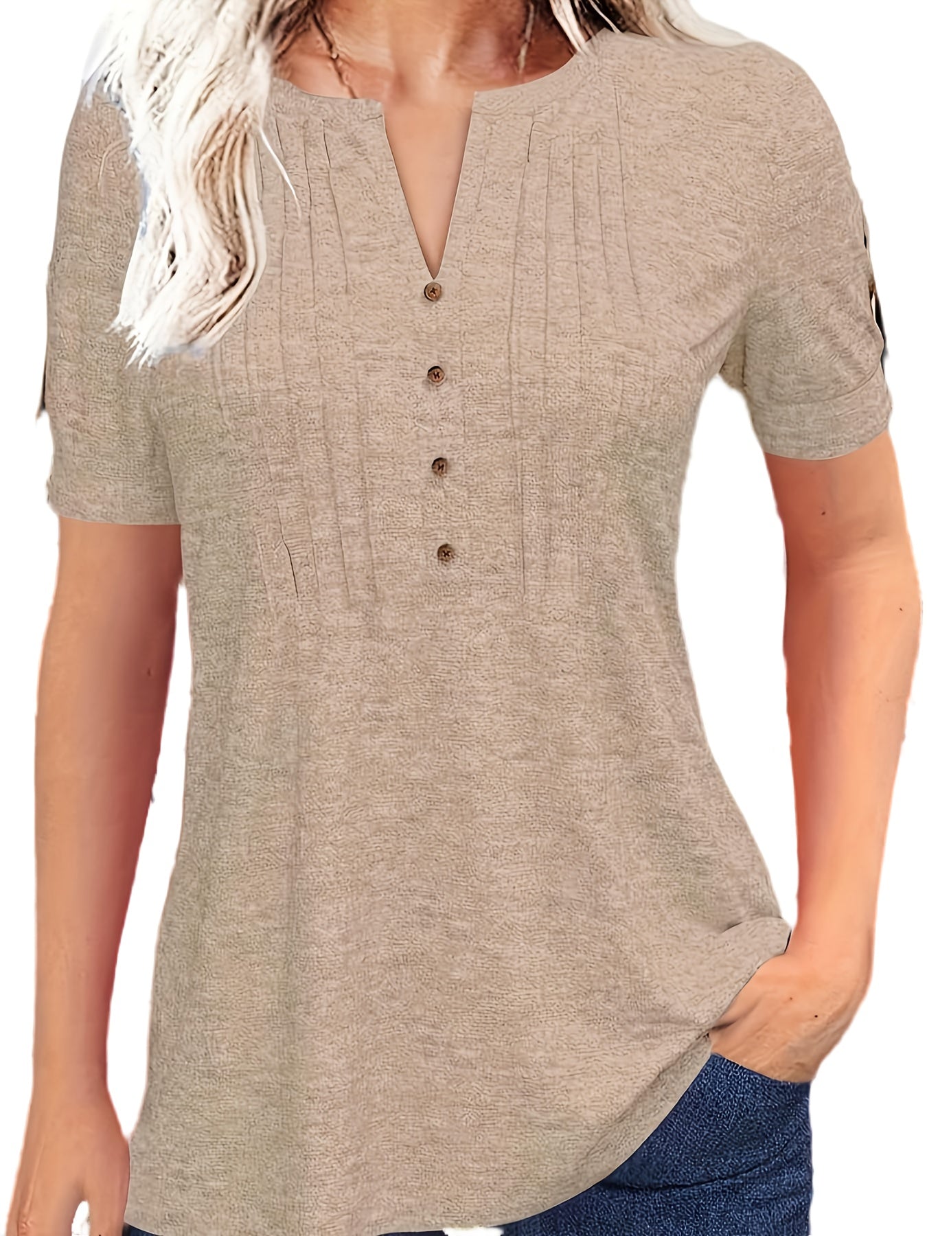 Casual Short-Sleeve T-Shirt for Women, Featuring a Pleated Design And V-Neck in Solid Colors, Perfect for Summer