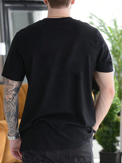 Men'S Round Neck T-Shirt | Loose Fit Black Lightweight Fabric, Suitable for Casual Wear, Summer, Fashionable Casual Style, Smooth Texture, Machine Washable, Crew Neck Top, Perfect for Daily and Party Wear