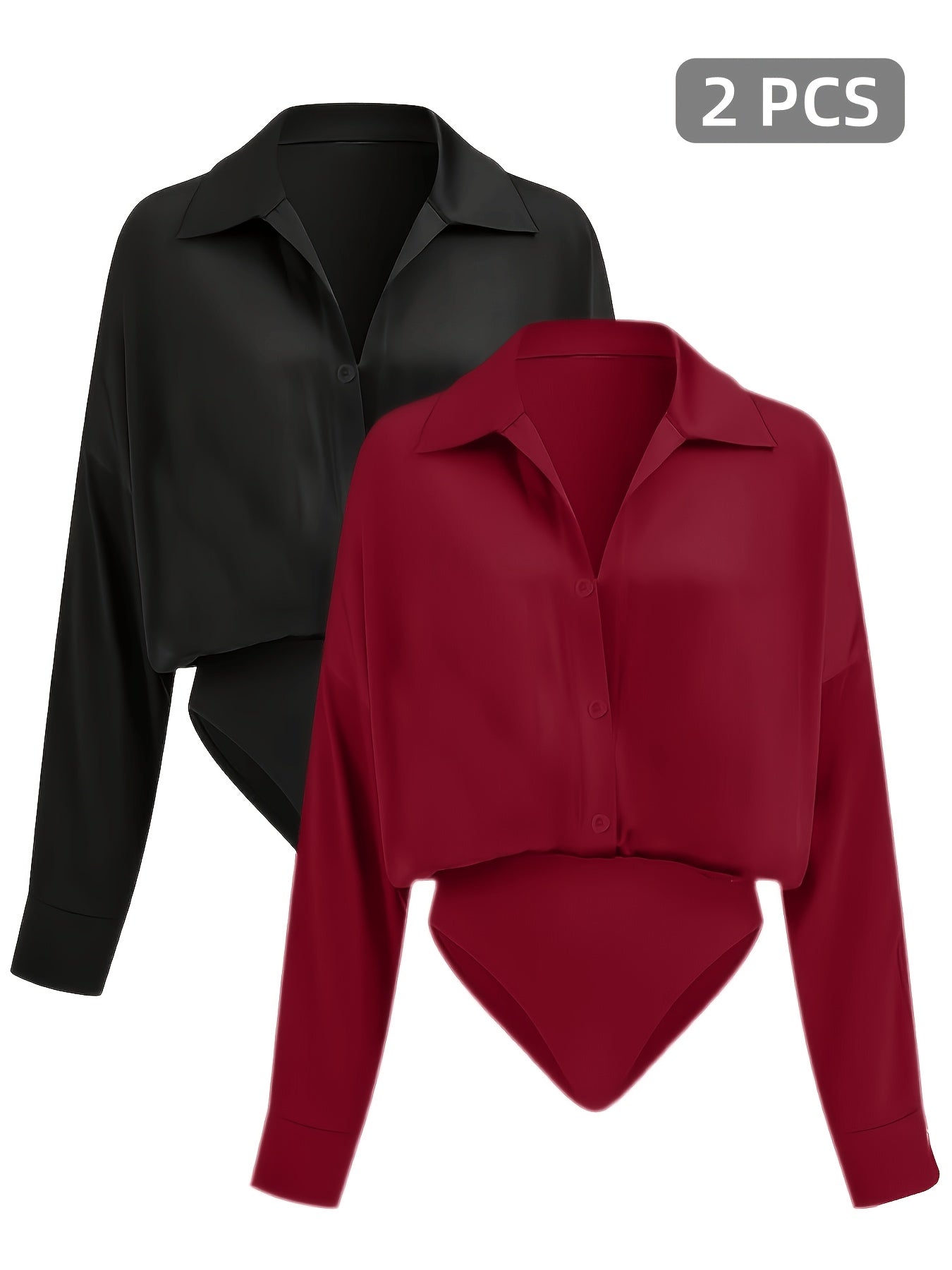 2pcs Women's Elegant Collar Button-Up Jumpsuit Suit - Solid Color Professional Blouse Top for Commuting, Office & Casual Wear, - Versatile Daily Shirt, Hand Washable (No Transparency) for to Outfits