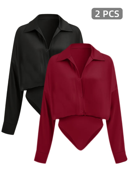 2pcs Women's Elegant Collar Button-Up Jumpsuit Suit - Solid Color Professional Blouse Top for Commuting, Office & Casual Wear, - Versatile Daily Shirt, Hand Washable (No Transparency) for to Outfits