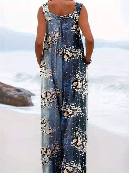 Plus Size Women's Floral Print Pocket Jumpsuit - Casual Button Front Wide-Leg Overalls, Perfect for Spring & Summer Beach Outings, Spring Fashion | Buttonfront Jumpsuit | Breathable Fabric