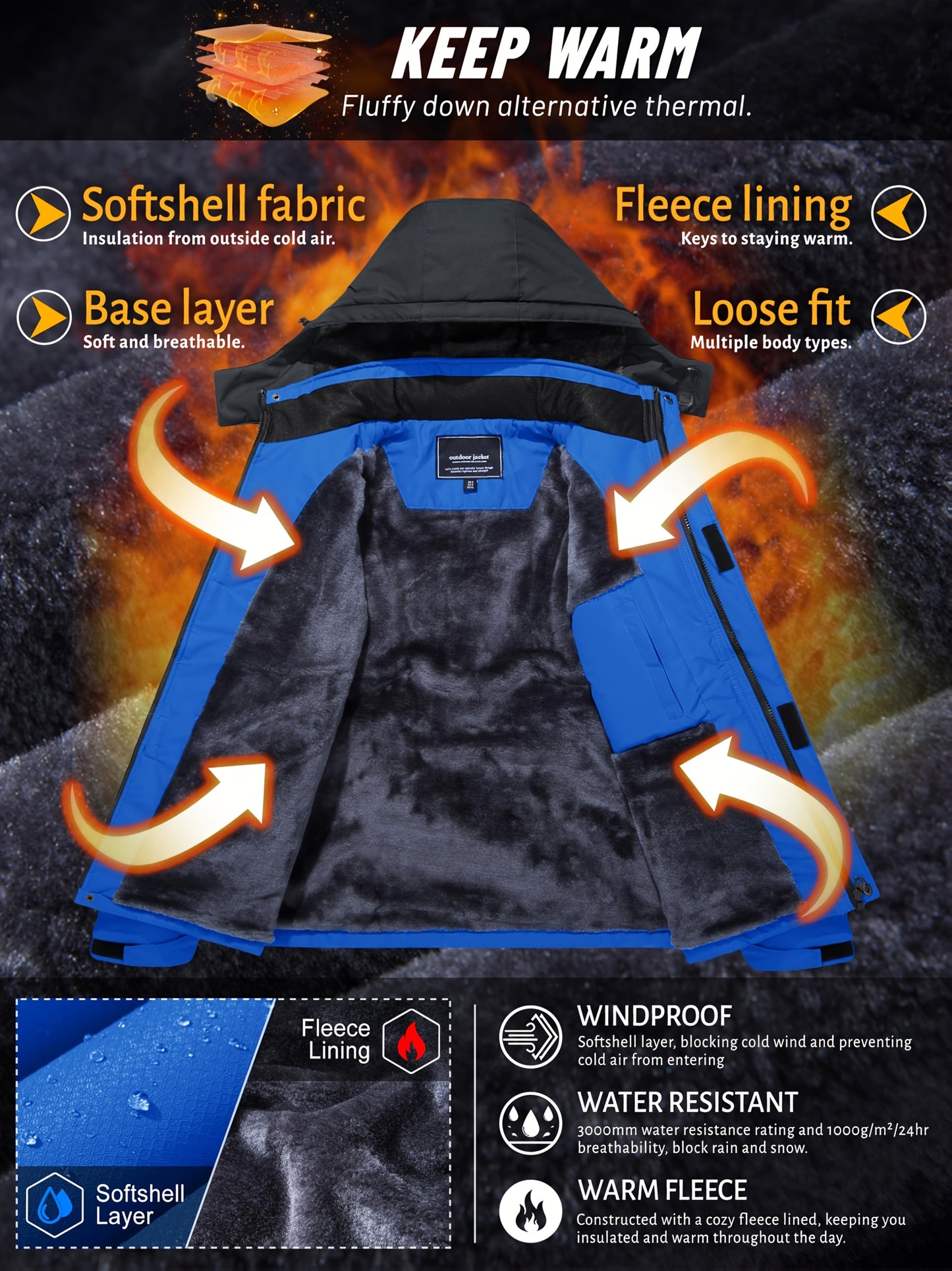 Men'S Winter Ski Jackets Warm Fleece Lined Coats Waterproof Windproof Hooded Thermal Outdoor Parka Thick Sport Hiking Jogging Camping Fishing Climbing Traveling Skiing Snowboarding Casual Windbreaker