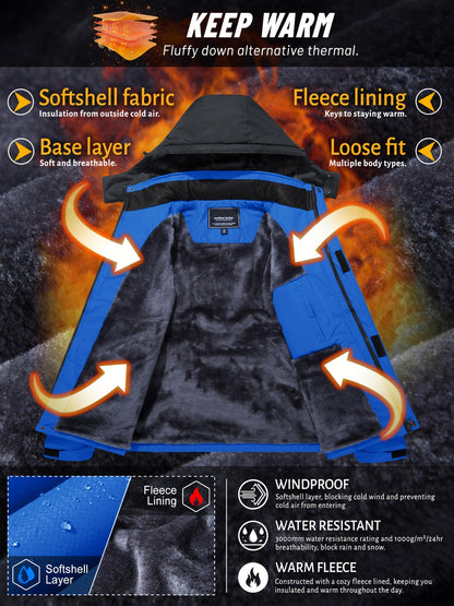 Men'S Winter Ski Jackets Warm Fleece Lined Coats Waterproof Windproof Hooded Thermal Outdoor Parka Thick Sport Hiking Jogging Camping Fishing Climbing Traveling Skiing Snowboarding Casual Windbreaker